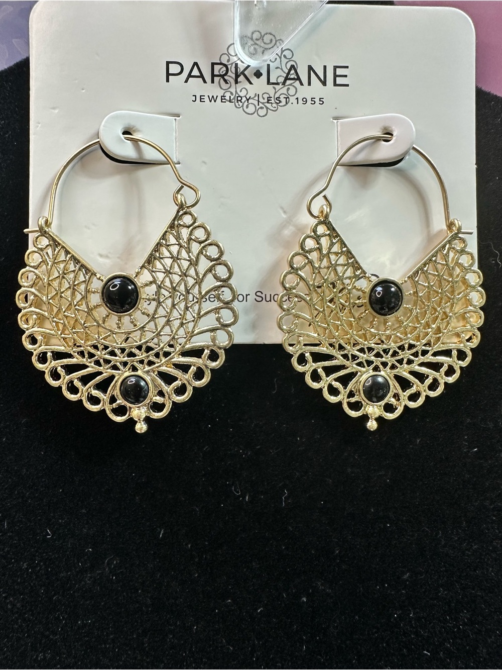 Park Lane Gold Filigree Hoop Earrings with Black Accents